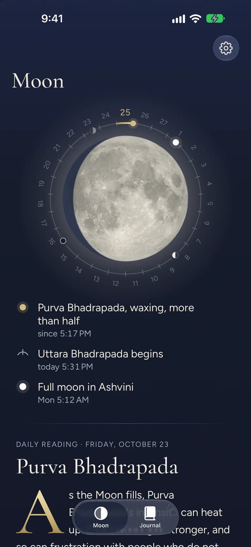 The Moon page: the Moon in its phase inside the ring of the 27 nakshatras, the coming full moon marked on the ring, and a list of what comes next.